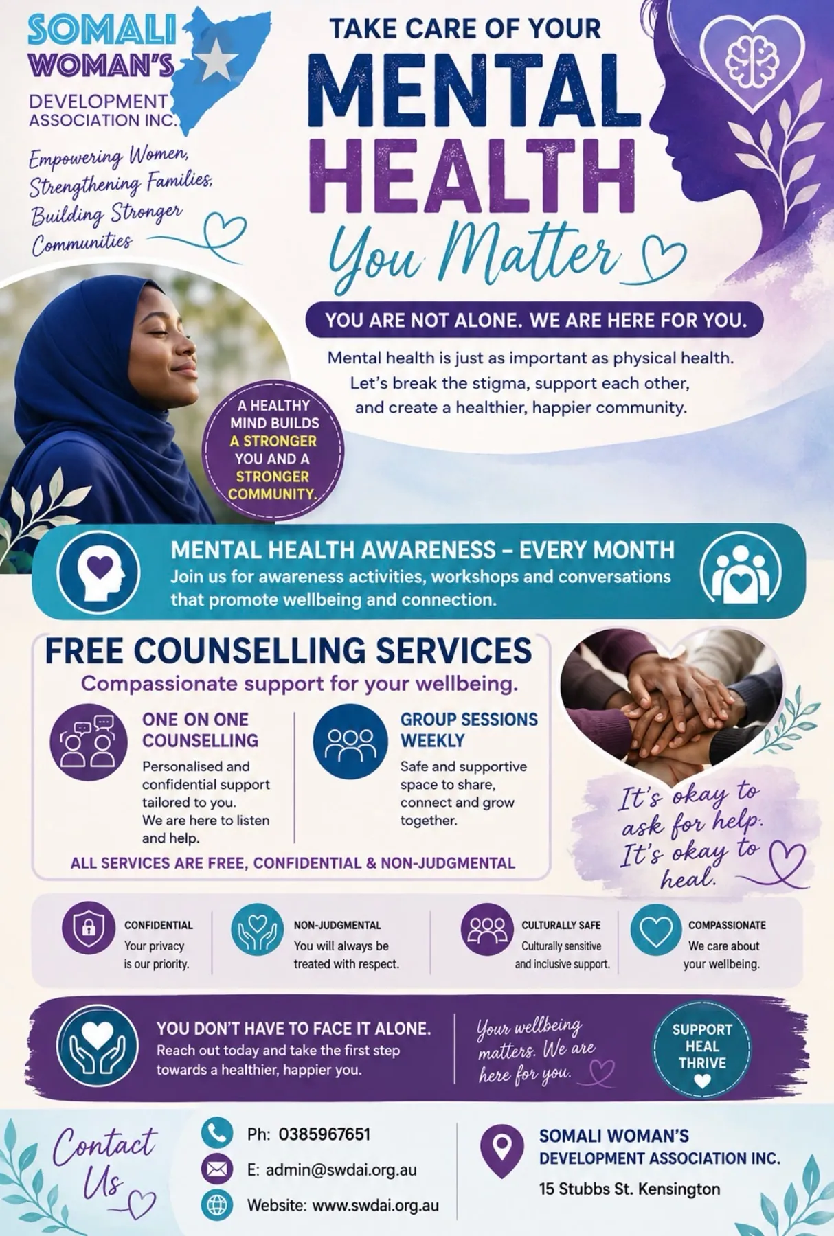 SWDA Mental Health and Wellbeing poster — Take care of your mental health, you matter. Free counselling services, one-on-one counselling and weekly group sessions. Ph 0385967651, admin@swdai.org.au, 15 Stubbs St Kensington