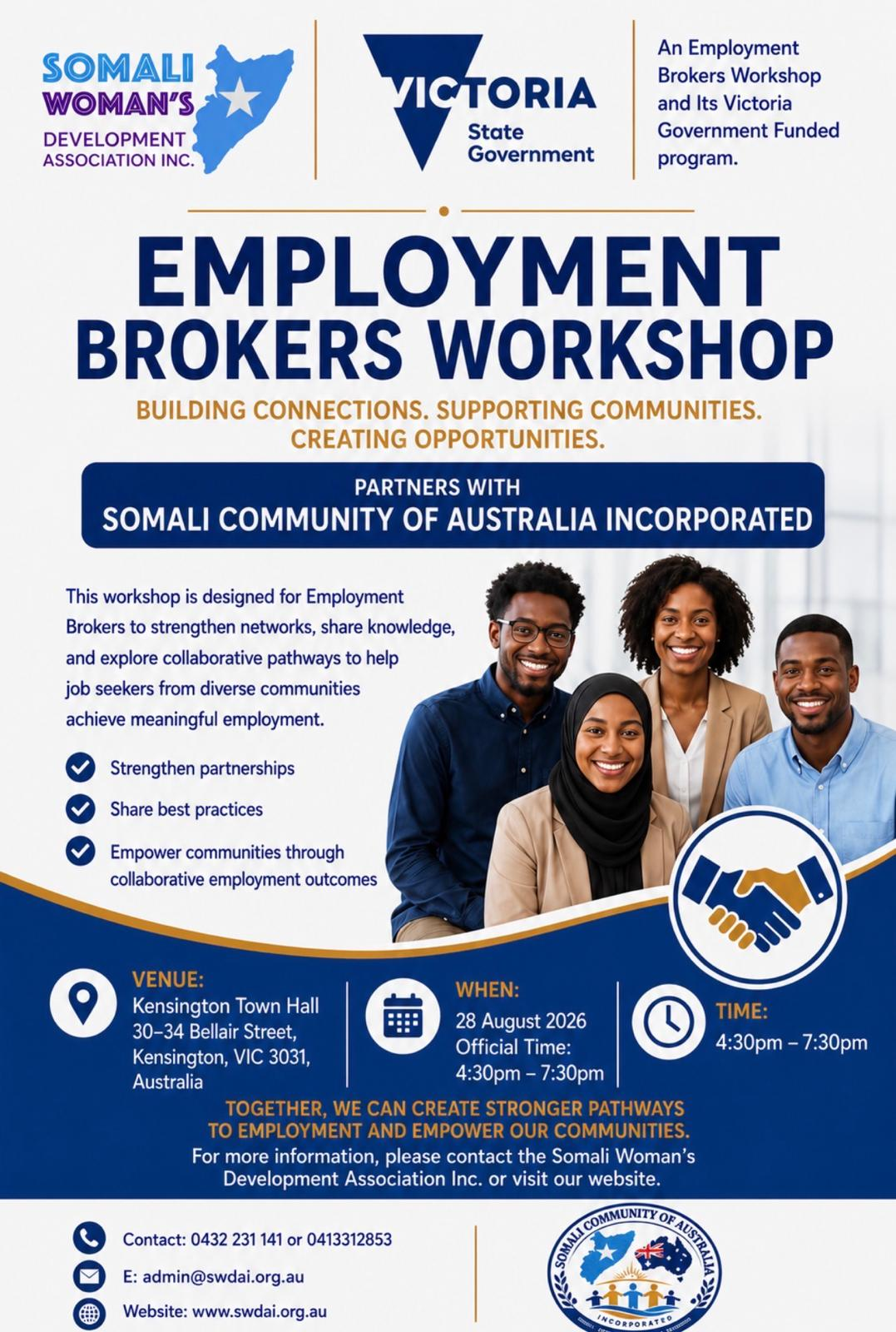 Employment Brokers Workshop poster — 28 August 2026, Kensington Town Hall, 4:30pm to 7:30pm