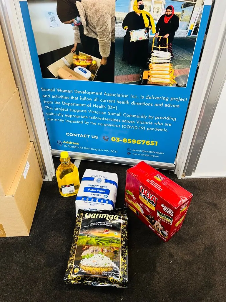 Rice, flour, pasta and cooking oil packed as an emergency food relief hamper