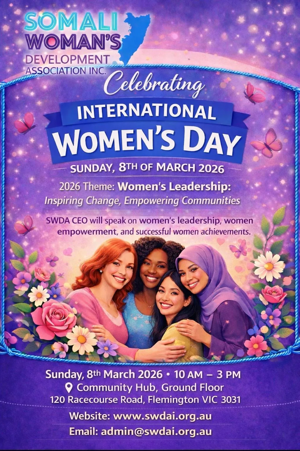 International Women’s Day 2026 celebration poster from the Somali Women’s Development Association Inc.
