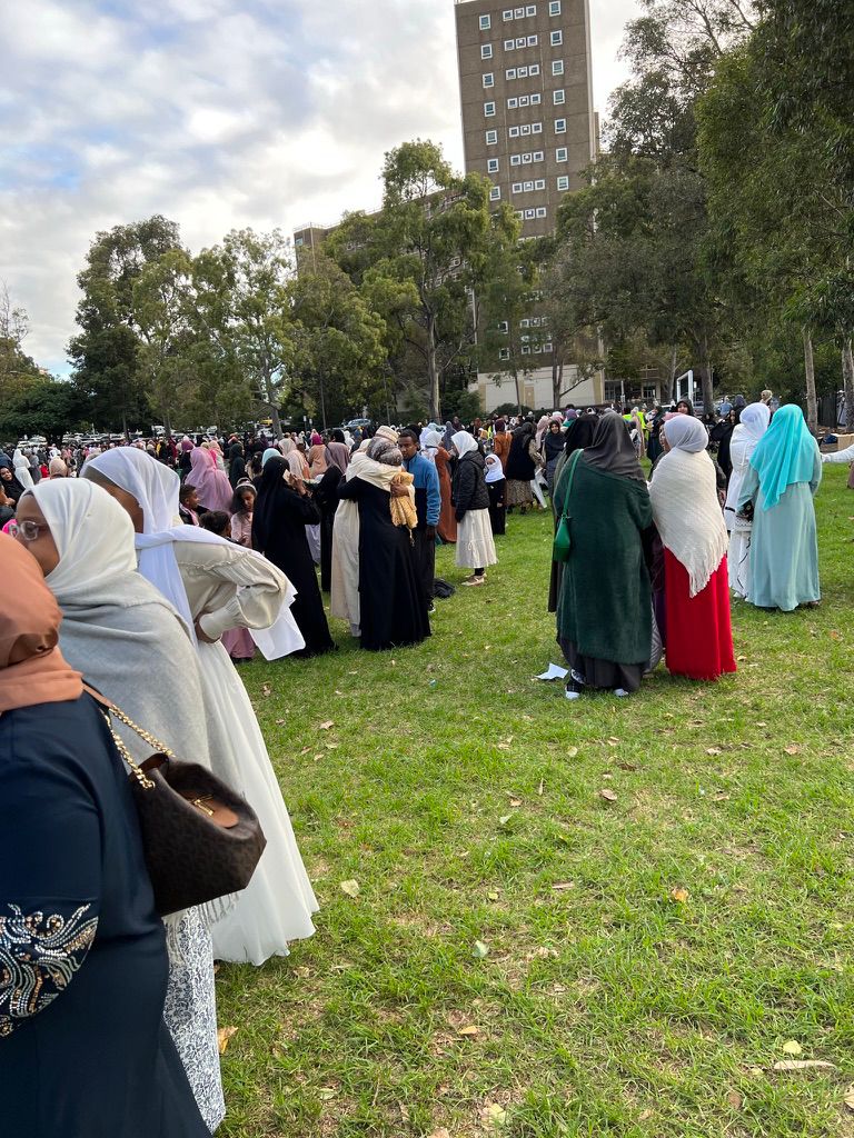 Large community gathering on the grass at an SWDA Eid celebration in Flemington