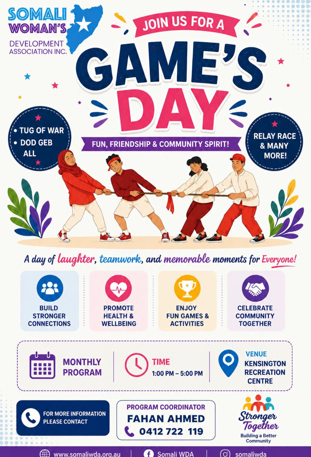 SWDA Game's Day poster — monthly youth program, 1:00pm to 5:00pm at Kensington Recreation Centre