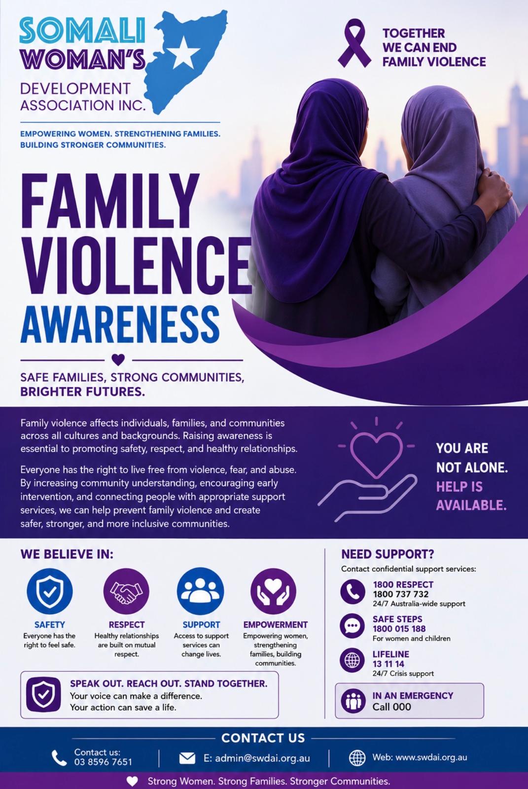 SWDA Family Violence Awareness poster — Safe families, strong communities, brighter futures, with support service phone numbers