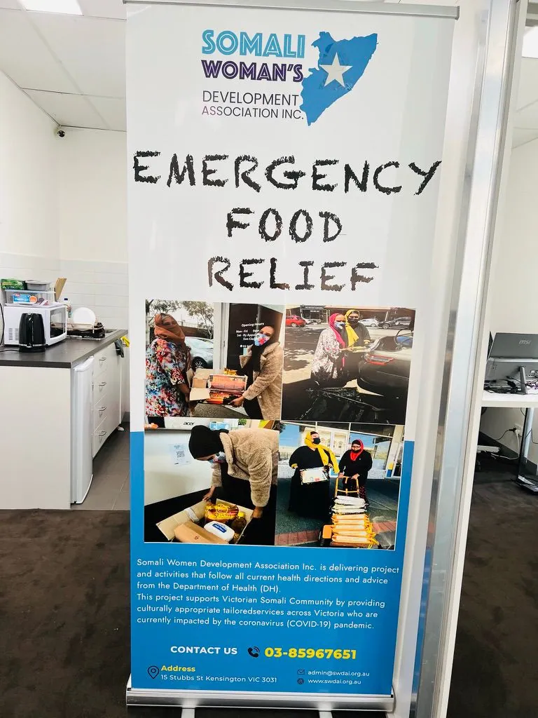 SWDA Emergency Food Relief banner at the Kensington office
