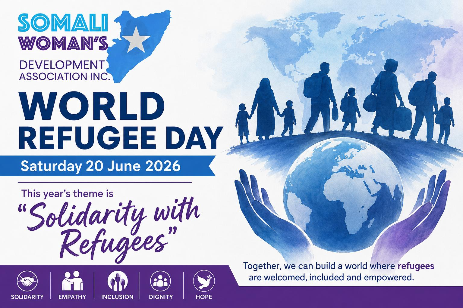 SWDA World Refugee Day poster — Saturday 20 June 2026, theme: Solidarity with Refugees