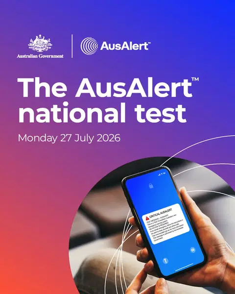 The AusAlert national test poster. Monday 27 July 2026. Australian Government and AusAlert logos.