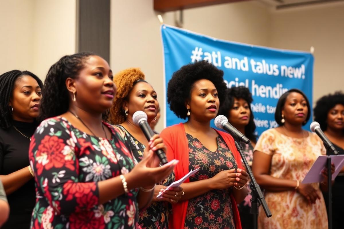 African Australian women speaking at a community advocacy event