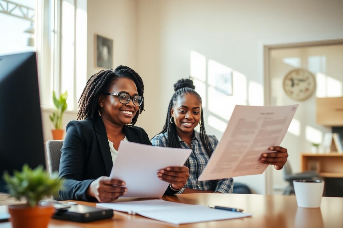 Employment mentor and jobseeker reviewing a resume together in a supportive office setting